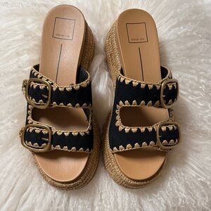 Dolce Vita Black Raffia-Trim Double Buckle Slide Mules